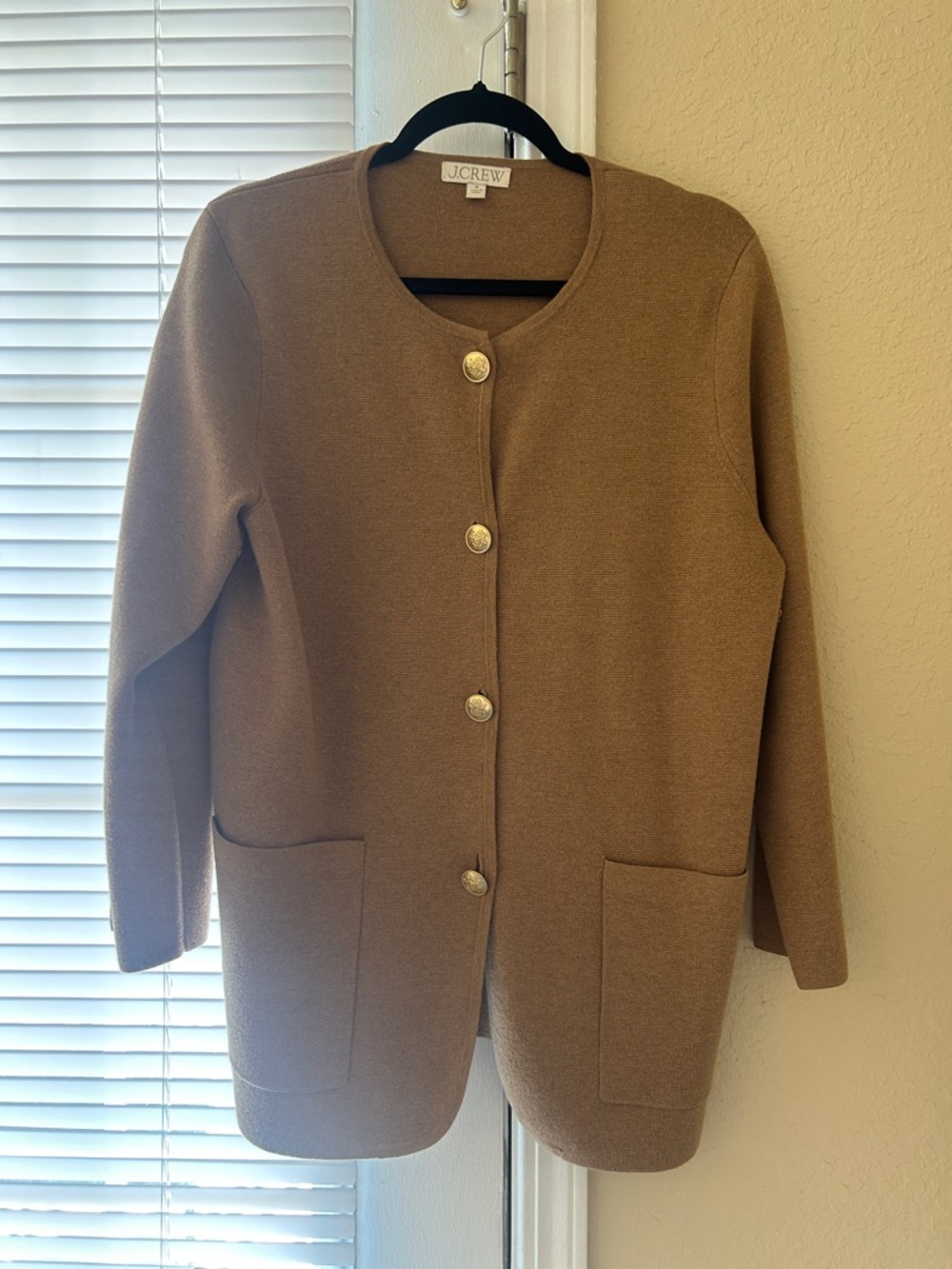 J. Crew Camel Brown Giselle Sweater Blazer Gold Button Pockets Merino Wool M